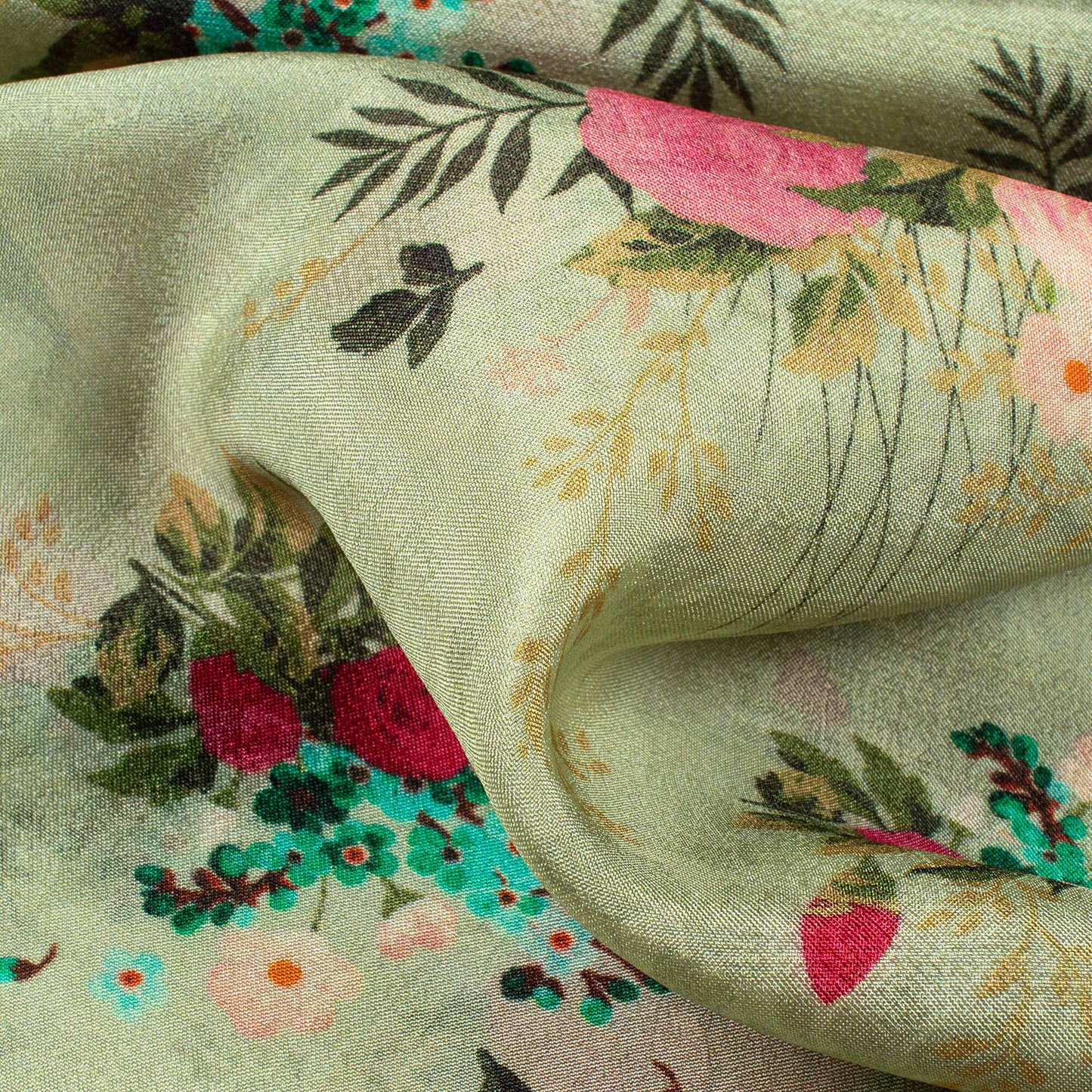 Pastel Green Floral Pattern Digital Print Viscose Uppada Silk Fabric