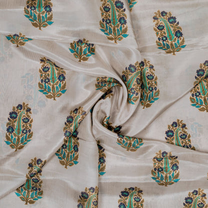 Light Grey Mughal Pattern Digital Print Viscose Uppada Silk Fabric - Fabcurate