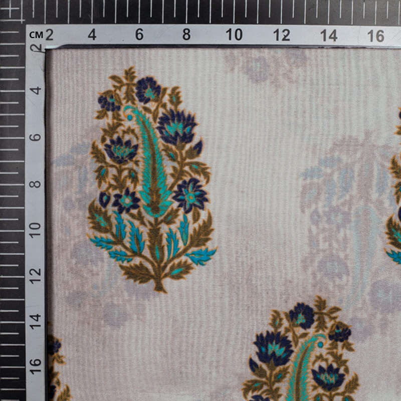 Light Grey Mughal Pattern Digital Print Viscose Uppada Silk Fabric - Fabcurate