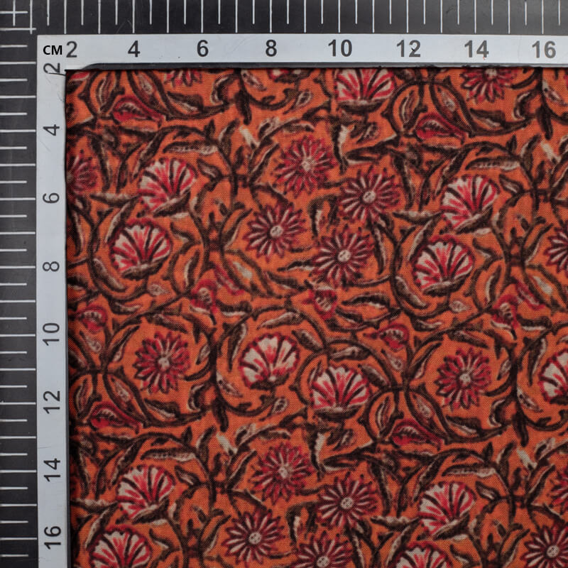 Orange Kalamkari Pattern Digital Print Viscose Uppada Silk Fabric - Fabcurate