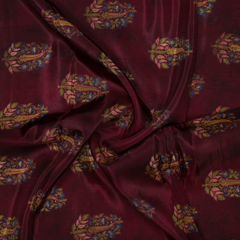 Maroon Mughal Pattern Digital Print Viscose Uppada Silk Fabric - Fabcurate