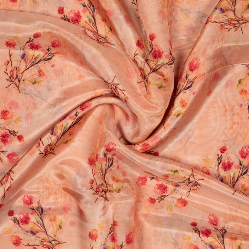Peach Floral Pattern Digital Print Viscose Uppada Silk Fabric - Fabcurate
