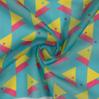 Teal Geometric Pattern Digital Print Chiffon Fabric - Fabcurate