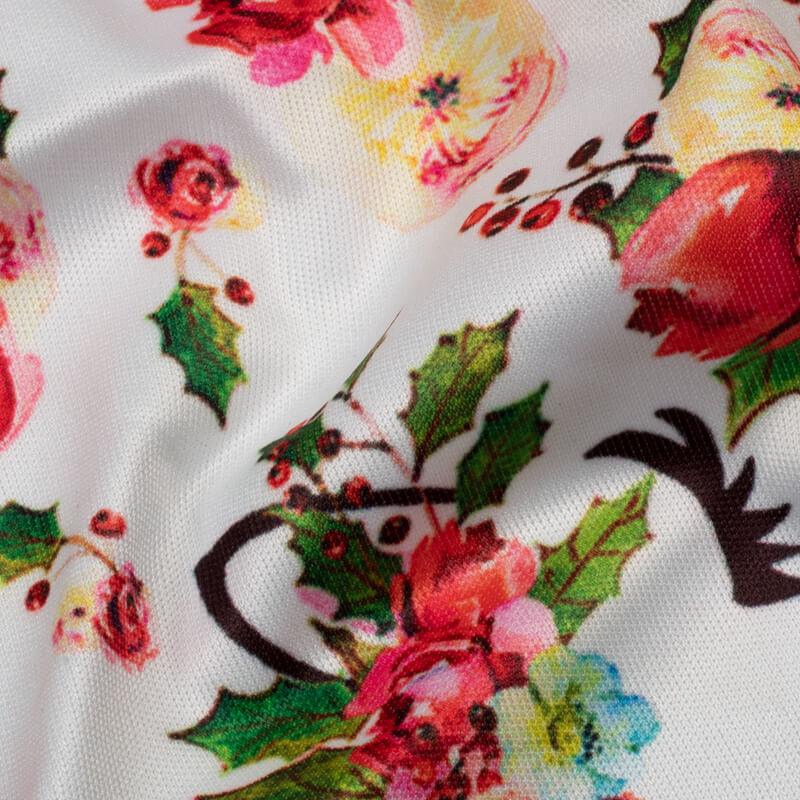 White And Red Floral Pattern Digital Print Lycra Fabric (Width 58 Inches) - Fabcurate