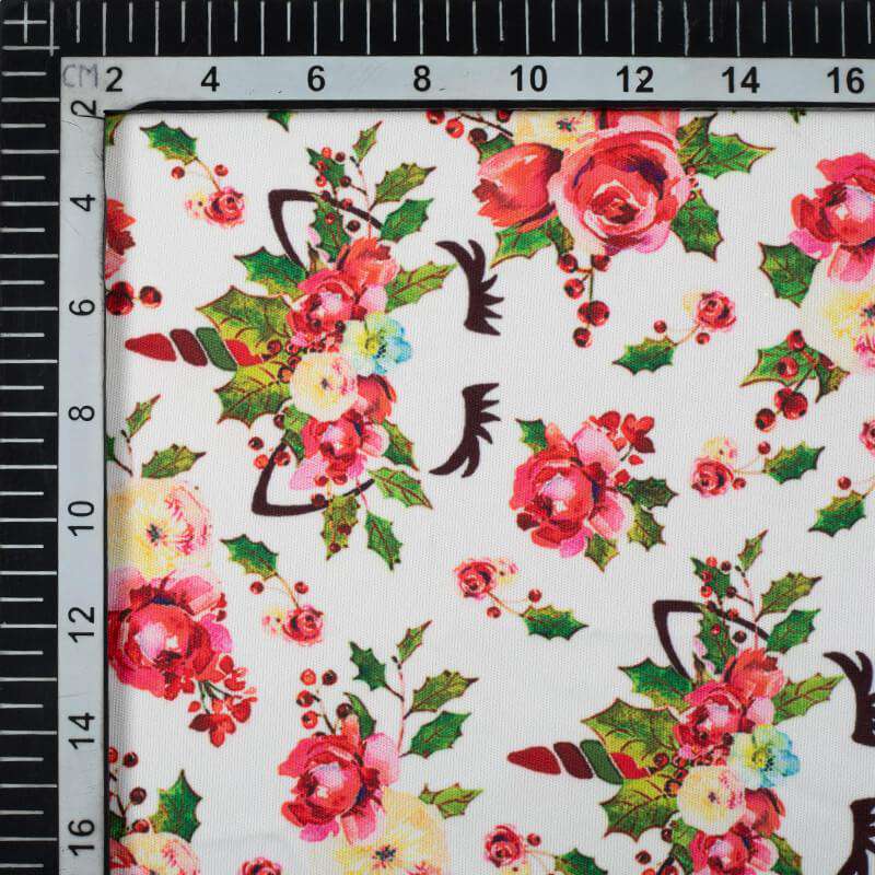 White And Red Floral Pattern Digital Print Lycra Fabric (Width 58 Inches) - Fabcurate