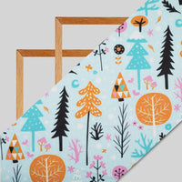 Sky Blue Quirky Pattern Digital Print Lycra Fabric (Width 58 Inches) - Fabcurate