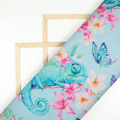 Sky Blue Quirky Pattern Digital Print Lycra Fabric (Width 58 Inches) - Fabcurate