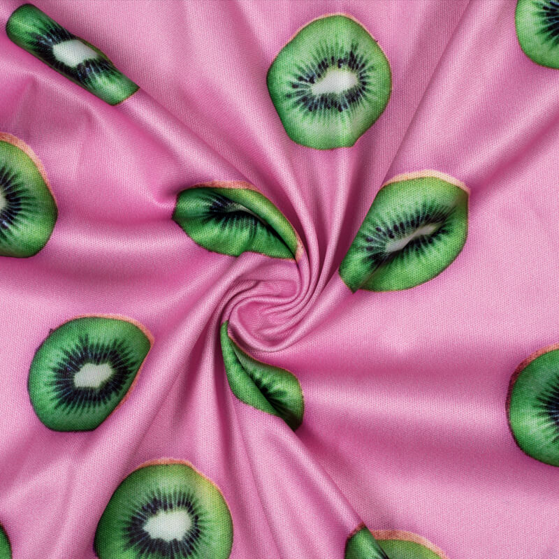 Pink And Green Fruit Pattern Digital Print Lycra Fabric (Width 58 Inches) - Fabcurate