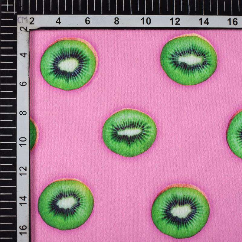 Pink And Green Fruit Pattern Digital Print Lycra Fabric (Width 58 Inches) - Fabcurate