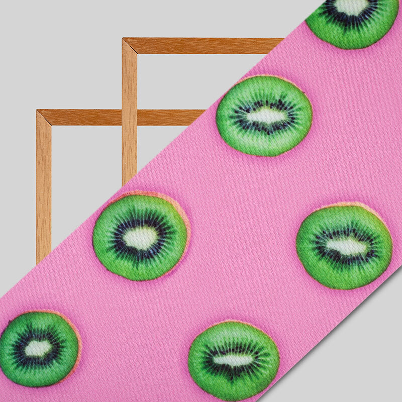 Pink And Green Fruit Pattern Digital Print Lycra Fabric (Width 58 Inches) - Fabcurate