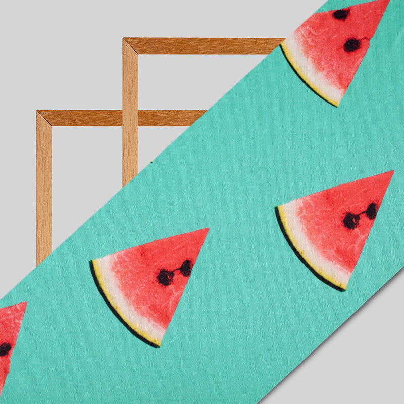 Turquoise And Red Fruit Pattern Digital Print Lycra Fabric (Width 58 Inches) - Fabcurate