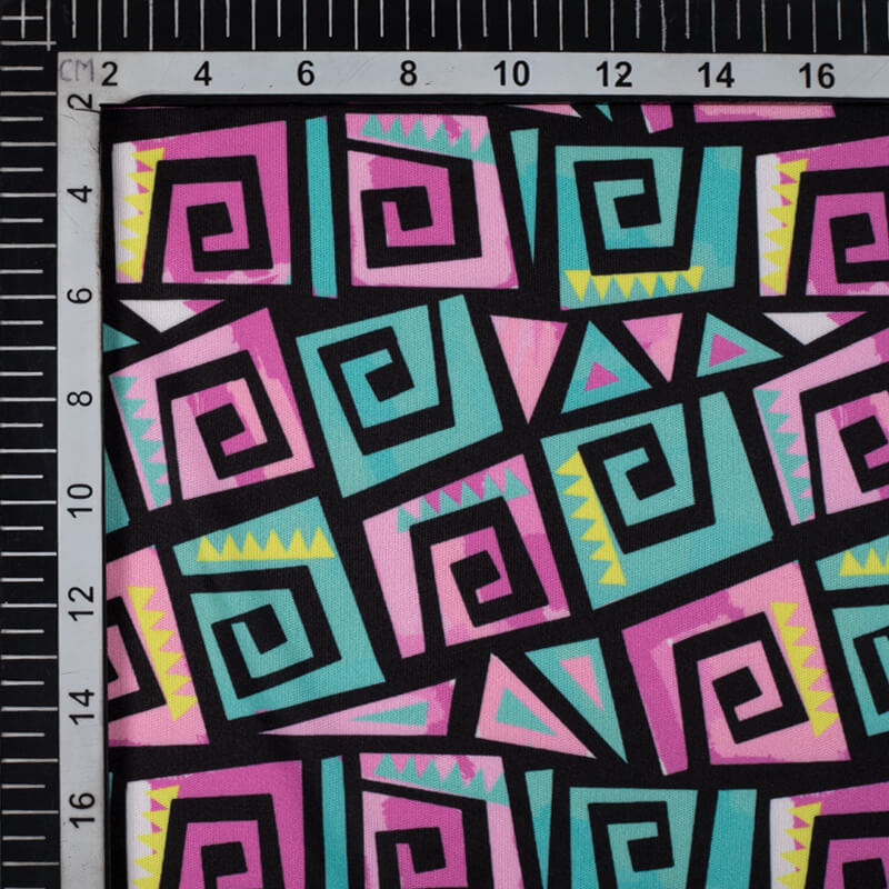 Sky Blue And Fuchsia Geometric Pattern Digital Print Lycra Fabric (Width 58 Inches) - Fabcurate