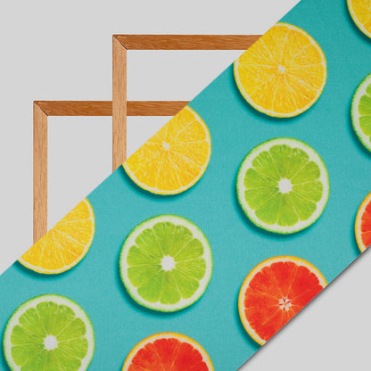 Teal And Yellow Fruite Pattern Digital Print Lycra Fabric (Width 58 Inches) - Fabcurate