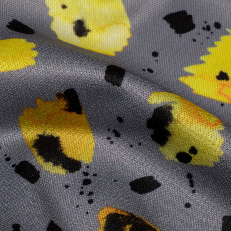 Grey And Yellow Abstract Pattern Digital Print Lycra Fabric (Width 58 Inches) - Fabcurate