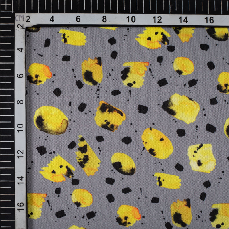 Grey And Yellow Abstract Pattern Digital Print Lycra Fabric (Width 58 Inches) - Fabcurate