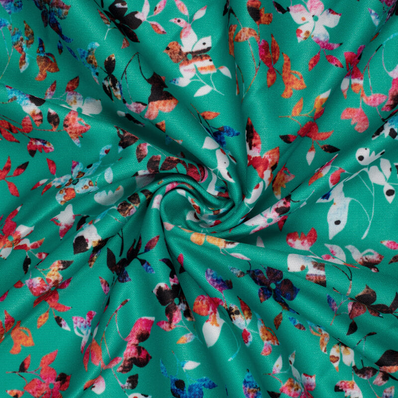 Teal Floral Pattern Digital Print Lycra Fabric (Width 58 Inches) - Fabcurate