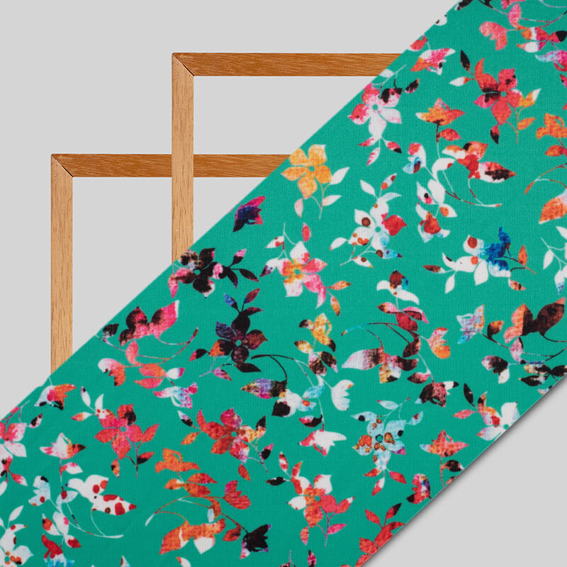 Teal Floral Pattern Digital Print Lycra Fabric (Width 58 Inches) - Fabcurate