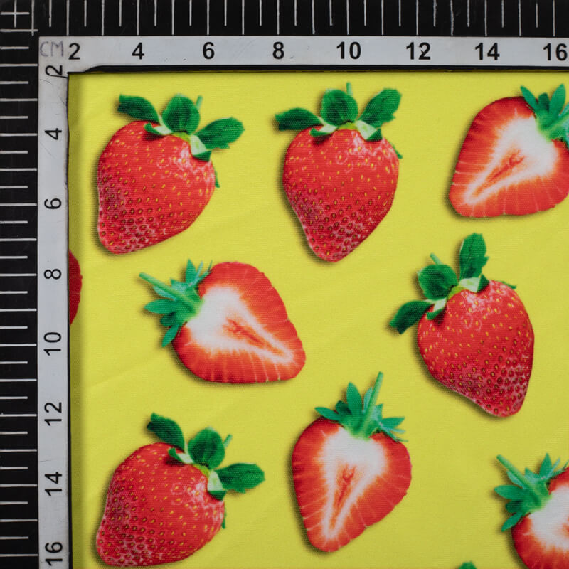 Red And Yellow Fruit Pattern Digital Print Lycra Fabric (Width 58 Inches) - Fabcurate