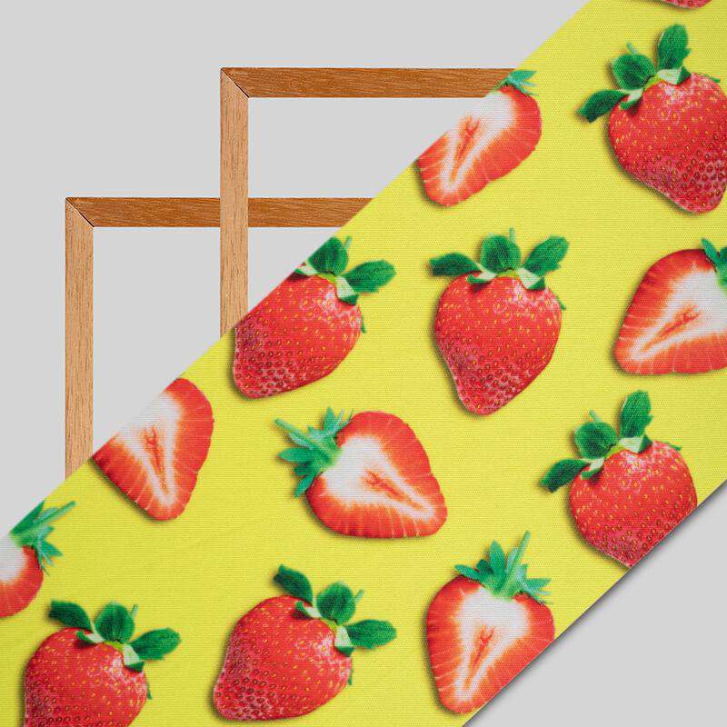 Red And Yellow Fruit Pattern Digital Print Lycra Fabric (Width 58 Inches) - Fabcurate