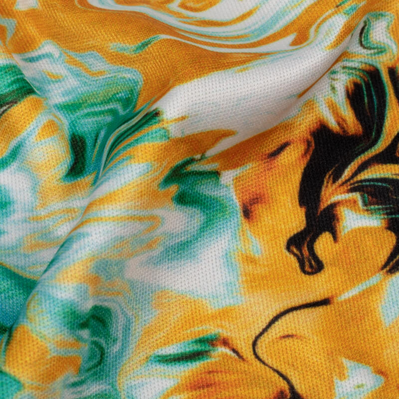 Orange And Teal Abstract Pattern Digital Print Lycra Fabric (Width 58 Inches) - Fabcurate