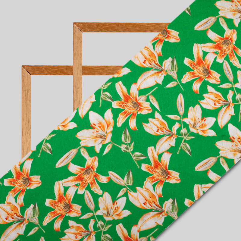 Tricolor Floral Pattern Digital Print Japan Satin Fabric - Fabcurate