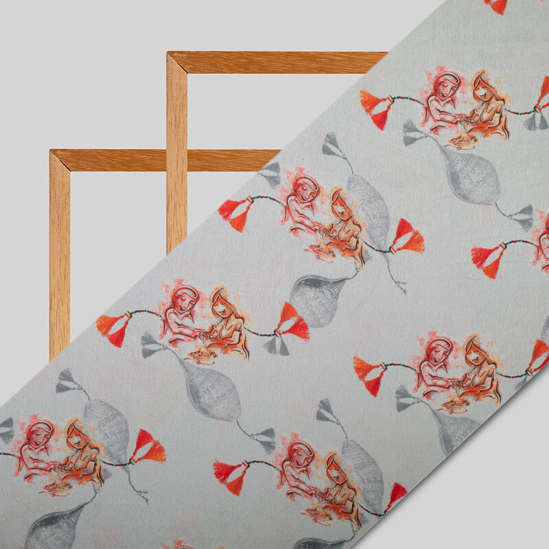 Light Grey Rakhi Pattern Digital Print Japan Satin Fabric - Fabcurate