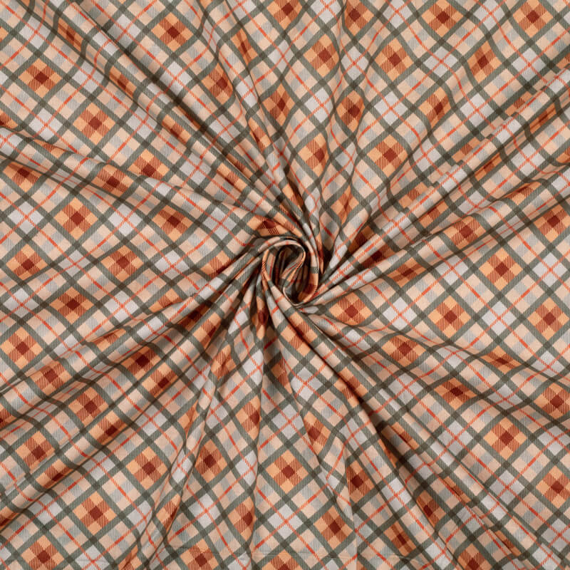 Peach And Grey Checks Pattern Digital Print Cotton Cambric Fabric