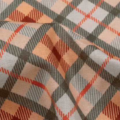Peach And Grey Checks Pattern Digital Print Cotton Cambric Fabric
