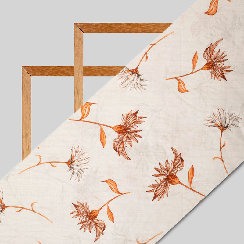 Beige And Orange Floral Pattern Digital Print Cotton Cambric Fabric
