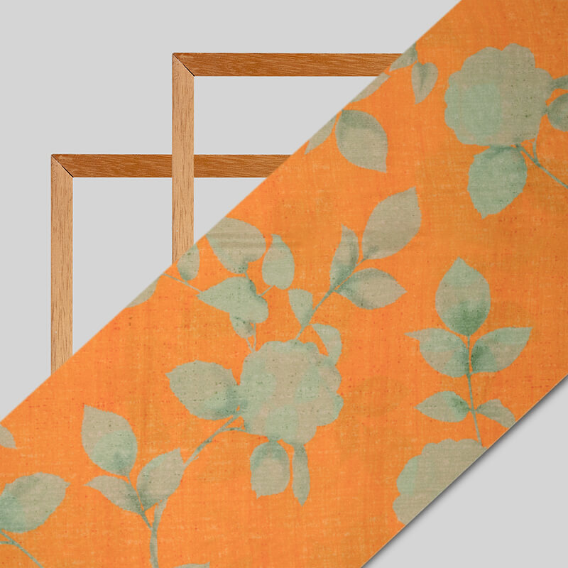 Green And Orange Floral Pattern Digital Print Viscose Uppada Silk Fabric