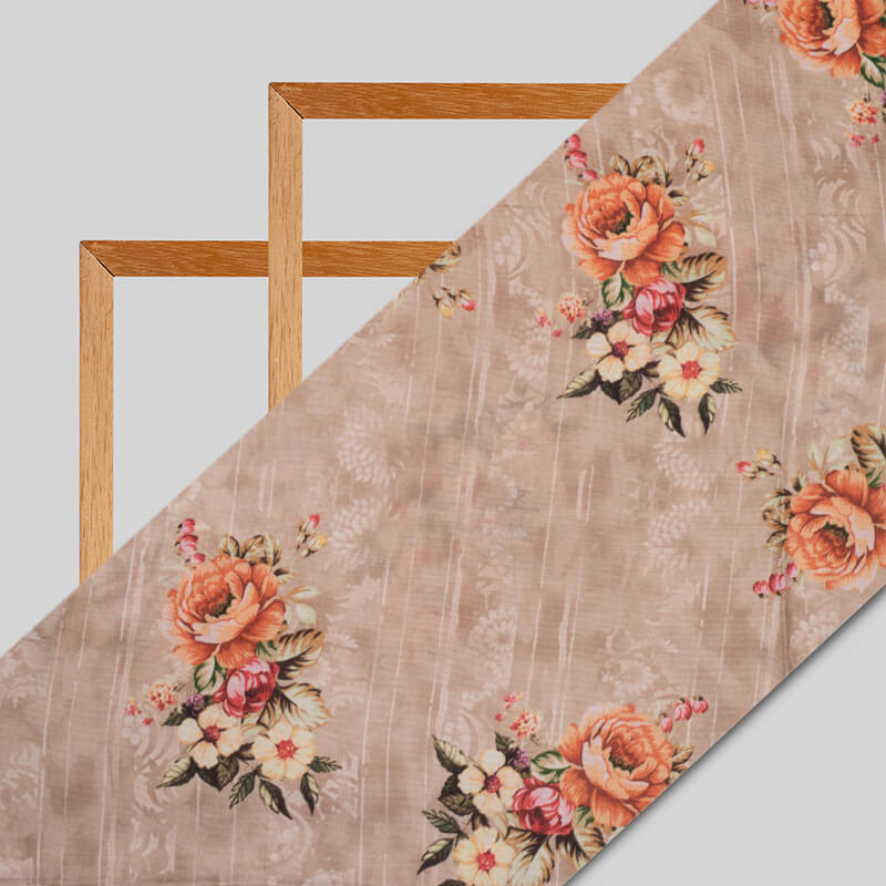 Brown And Orange Floral Pattern Digital Print Viscose Uppada Silk Fabric