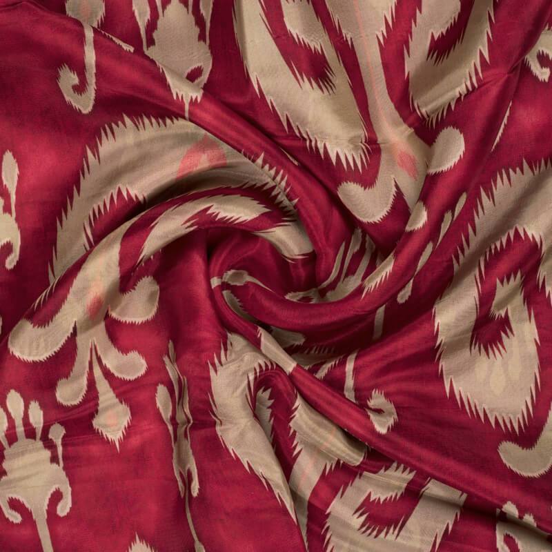 (Cut Piece 1.8 Mtr) Red And Beige Ikat Pattern Digital Print Viscose Uppada Silk Fabric