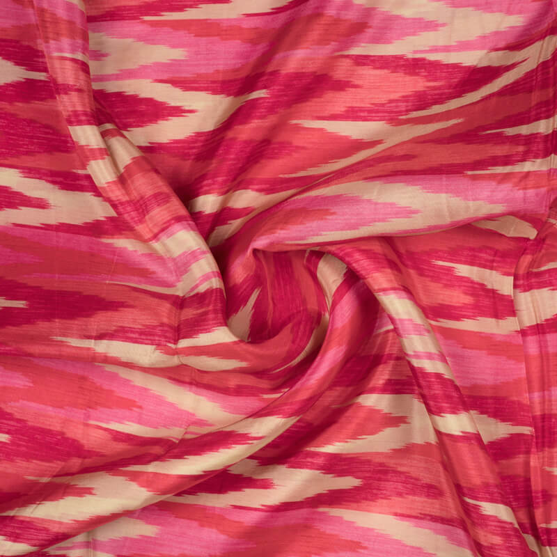 Red And Beige Ikat Pattern Digital Print Viscose Uppada Silk Fabric