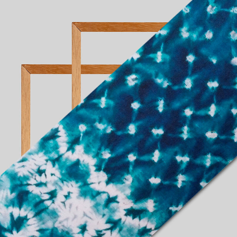 Blue And White Tye And Dye Pattern Digital Print Moss Crepe Fabric