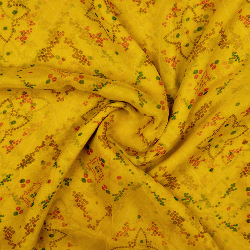 Yellow And Red Bandhani Pattern Digital Print Bemberg Chiffon Fabric
