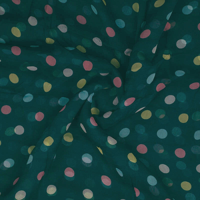Pine Green And Pink Polka Dots Pattern Digital Print Bemberg Chiffon Fabric