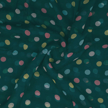 Pine Green And Pink Polka Dots Pattern Digital Print Bemberg Chiffon Fabric