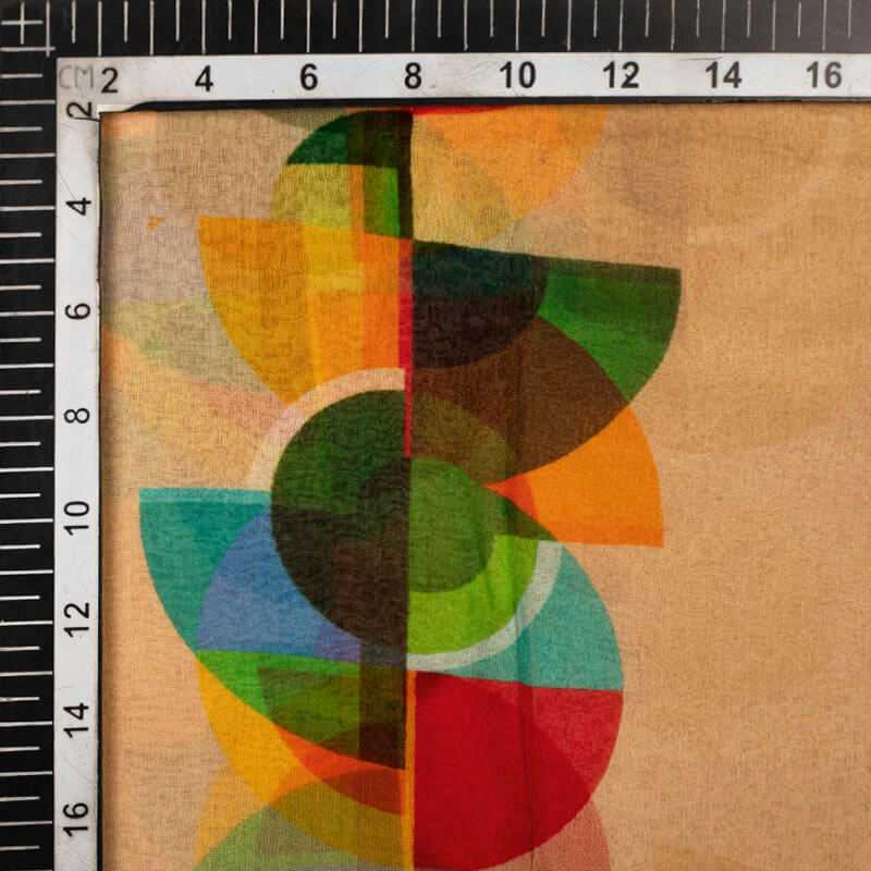 Cream And Green Geometric Pattern Digital Print Bemberg Chiffon Fabric