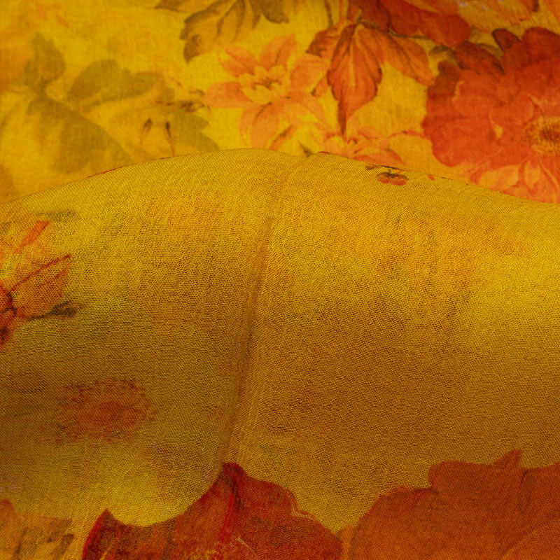 Yellow And Orange Floral Pattern Digital Print Bemberg Chiffon Fabric