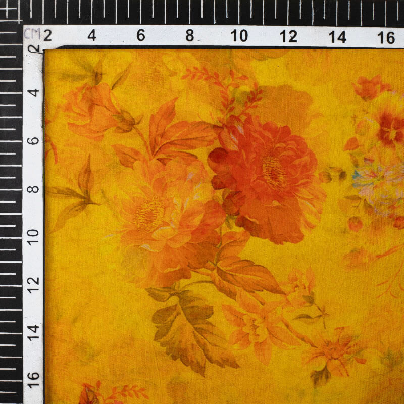 Yellow And Orange Floral Pattern Digital Print Bemberg Chiffon Fabric