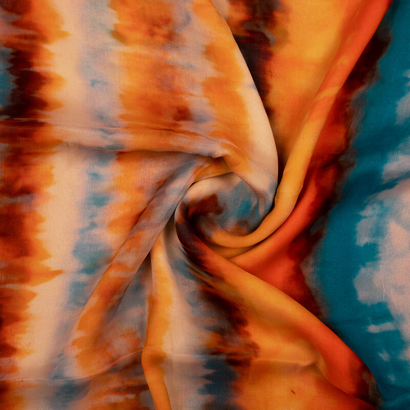 Orange And Blue Tie & Dye Pattern Digital Print Bemberg Chiffon Fabric