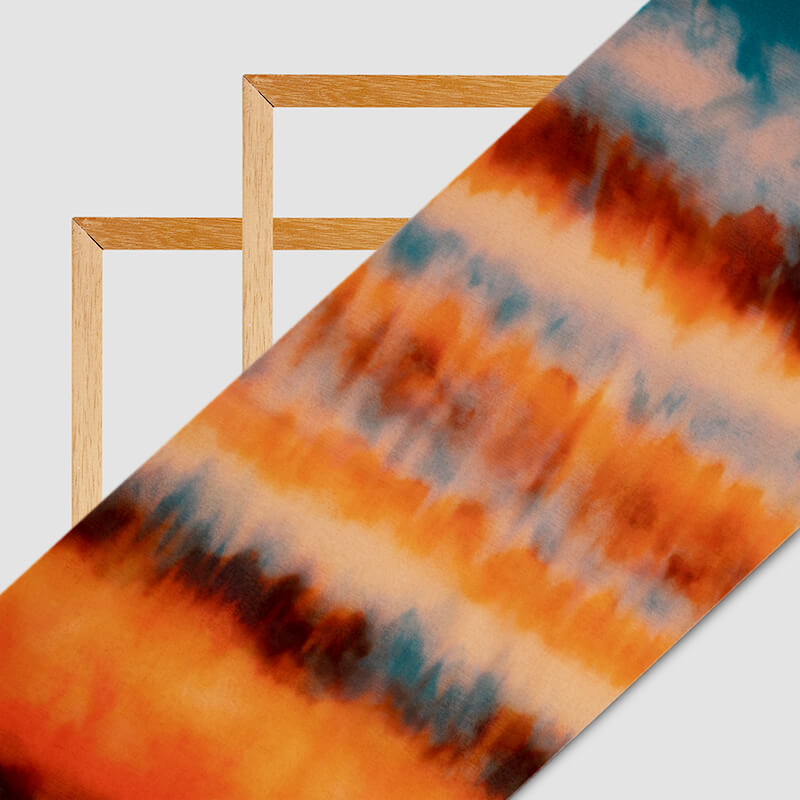 Orange And Blue Tie & Dye Pattern Digital Print Bemberg Chiffon Fabric