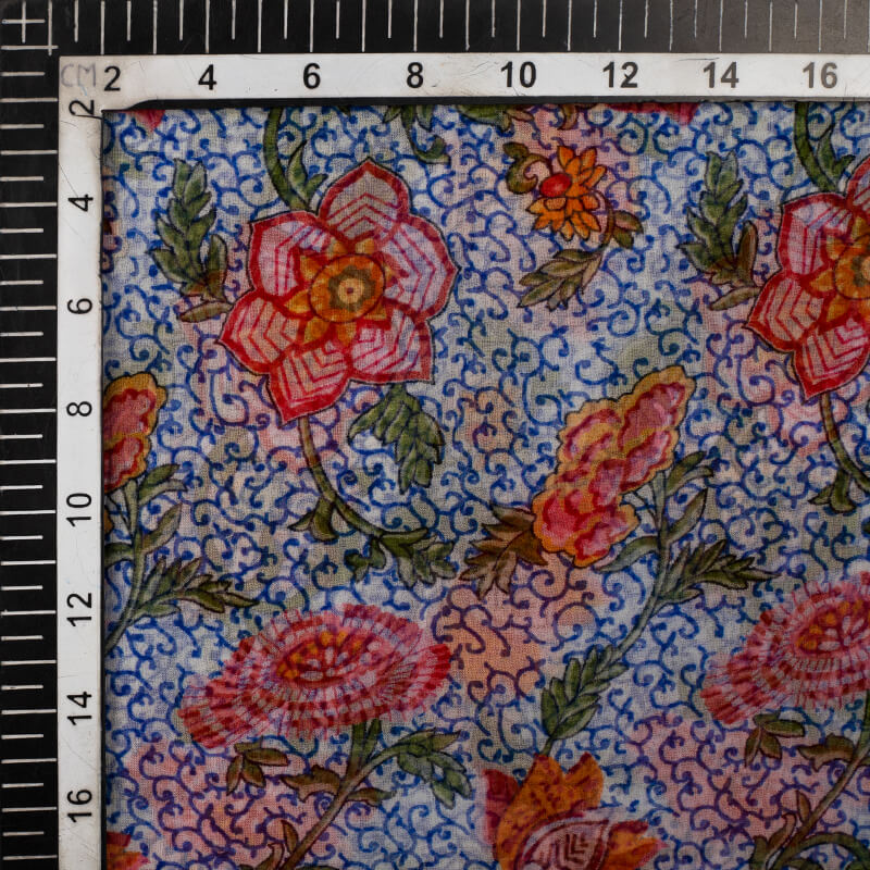 White And Blue Floral Pattern Digital Print Bemberg Chiffon Fabric