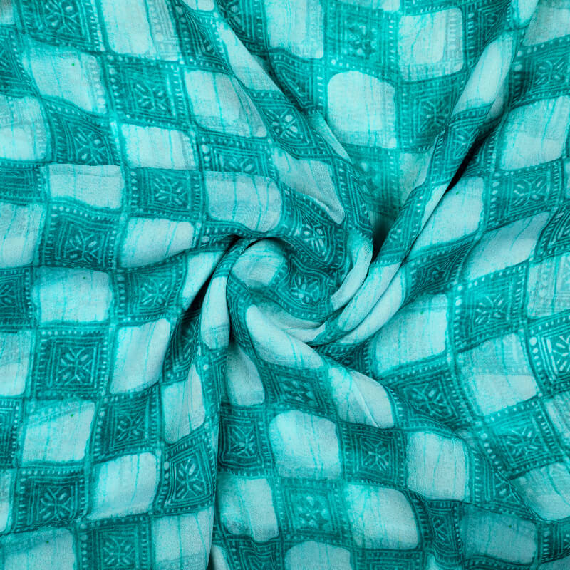 Pine Green And White Geometric Pattern Digital Print Bemberg Chiffon Fabric
