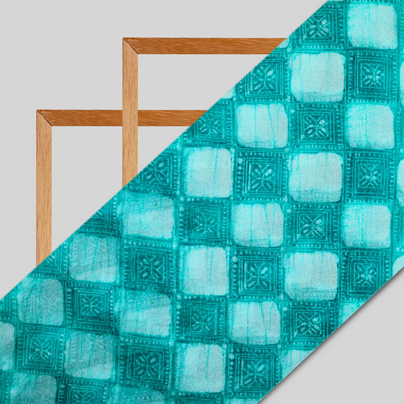 Pine Green And White Geometric Pattern Digital Print Bemberg Chiffon Fabric