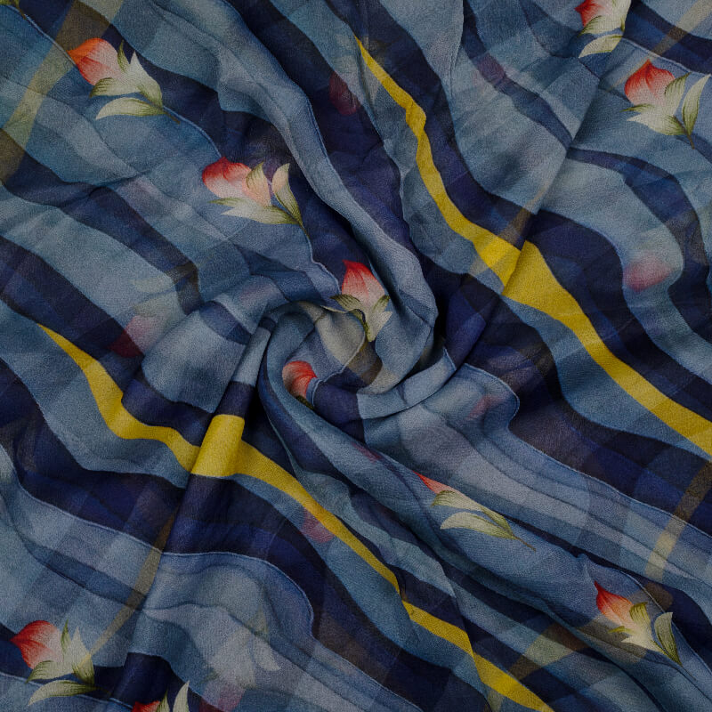 Blue And Yellow Leheriya Pattern Digital Print Bemberg Chiffon Fabric