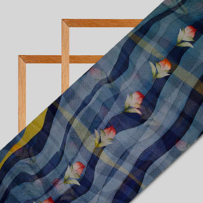 Blue And Yellow Leheriya Pattern Digital Print Bemberg Chiffon Fabric