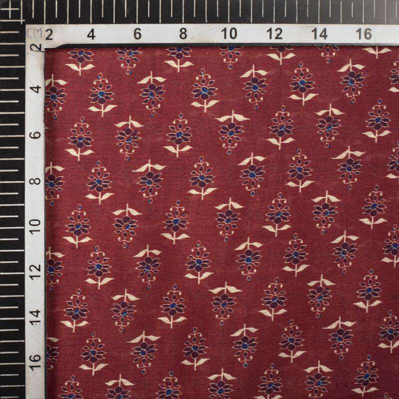 Maroon And Cream Floral Pattern Digital Print Viscose Chanderi Fabric - Fabcurate