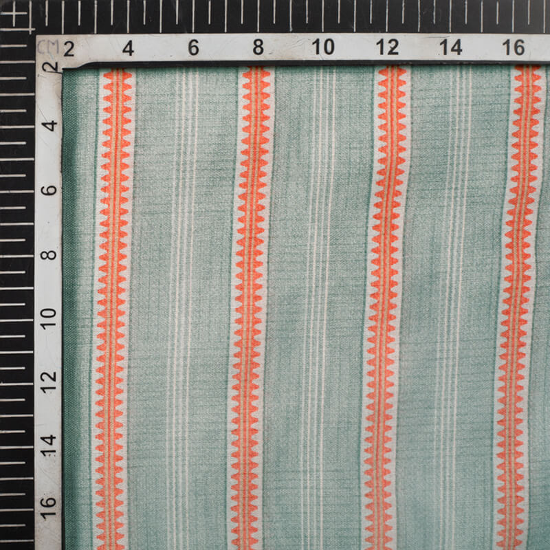 Grey And Orange Stripes Pattern Digital Print Viscose Chanderi Fabric - Fabcurate