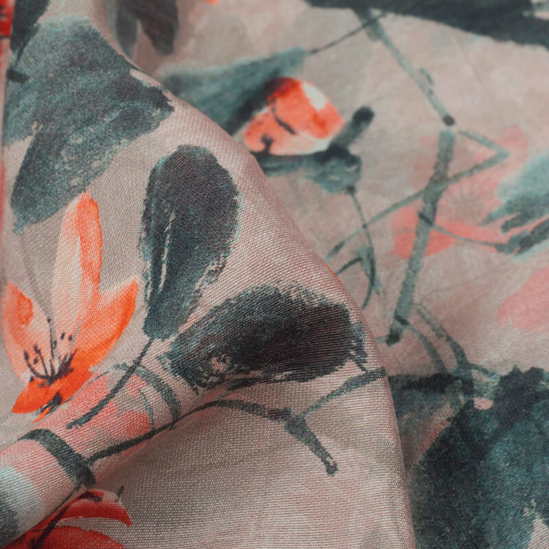 Grey And Orange Floral Pattern Digital Print Viscose Chanderi Fabric - Fabcurate